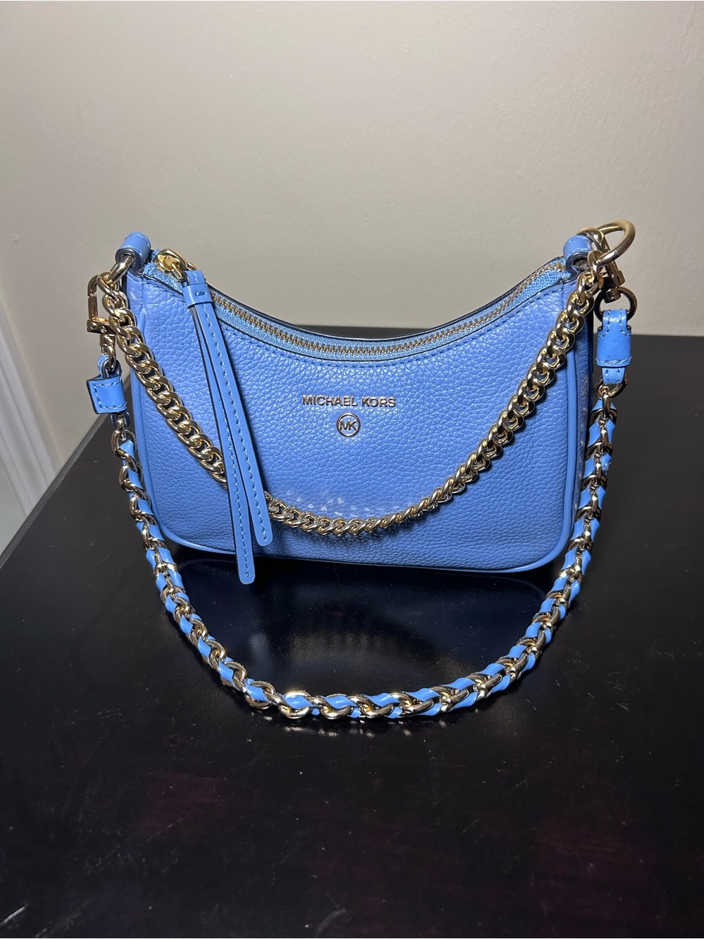 Michael Kors Light Blue Pebble Leather Chain Shoulder Bag